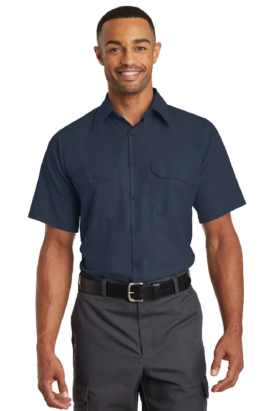 Red Kap Mens Moisture Wicking Short Sleeve Button Down Shirt w/ Double Pockets - Navy Blue