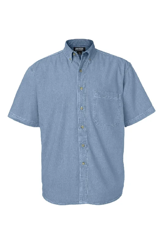 Sierra Pacific Mens Denim Short Sleeve Button Down Shirt w/ Pocket - Light Blue - NEW