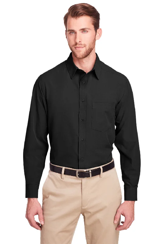 UltraClub Mens Bradley Performance Moisture Wicking Long Sleeve Button Down Shirt w/ Pocket - Black