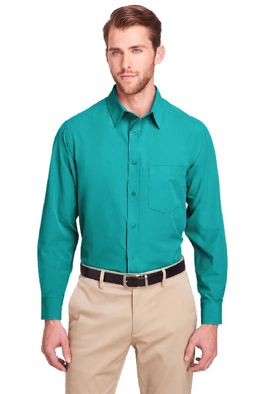 UltraClub Mens Bradley Performance Moisture Wicking Long Sleeve Button Down Shirt w/ Pocket - Jade Green