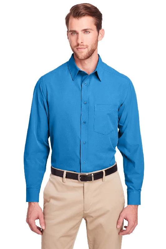 UltraClub Mens Bradley Performance Moisture Wicking Long Sleeve Button Down Shirt w/ Pocket - Pacific Blue