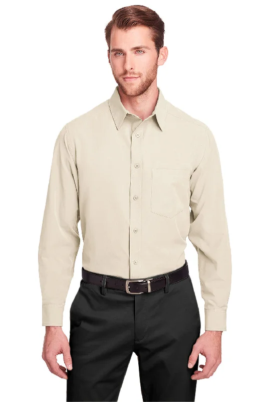 UltraClub Mens Bradley Performance Moisture Wicking Long Sleeve Button Down Shirt w/ Pocket - Stone