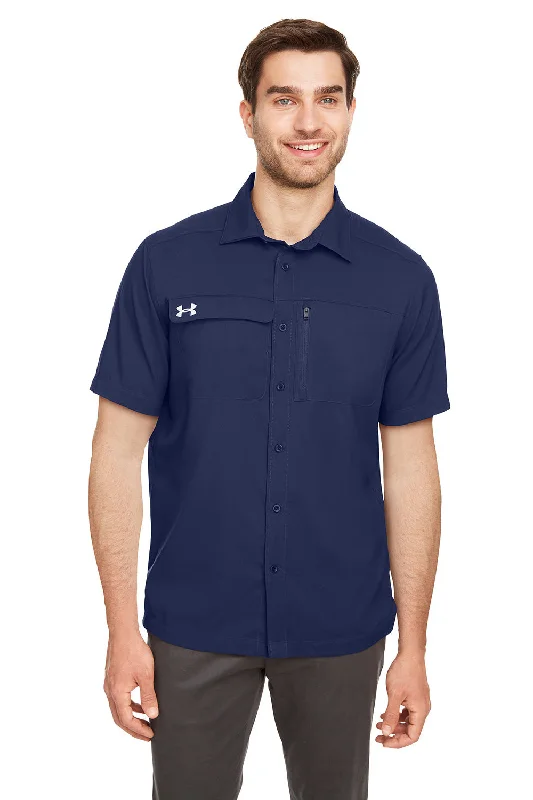 Under Armour Mens Motivate Moisture Wicking Short Sleeve Button Down Shirt w/ Pocket - Midnight Navy Blue