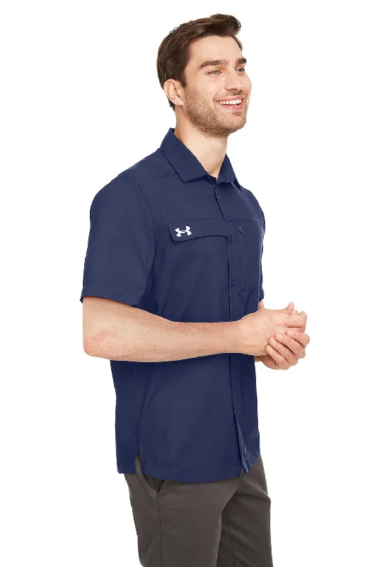 Under Armour Mens Motivate Moisture Wicking Short Sleeve Button Down Shirt w/ Pocket - Midnight Navy Blue