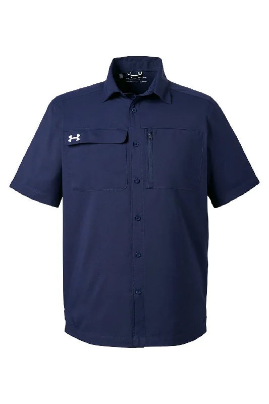 Under Armour Mens Motivate Moisture Wicking Short Sleeve Button Down Shirt w/ Pocket - Midnight Navy Blue