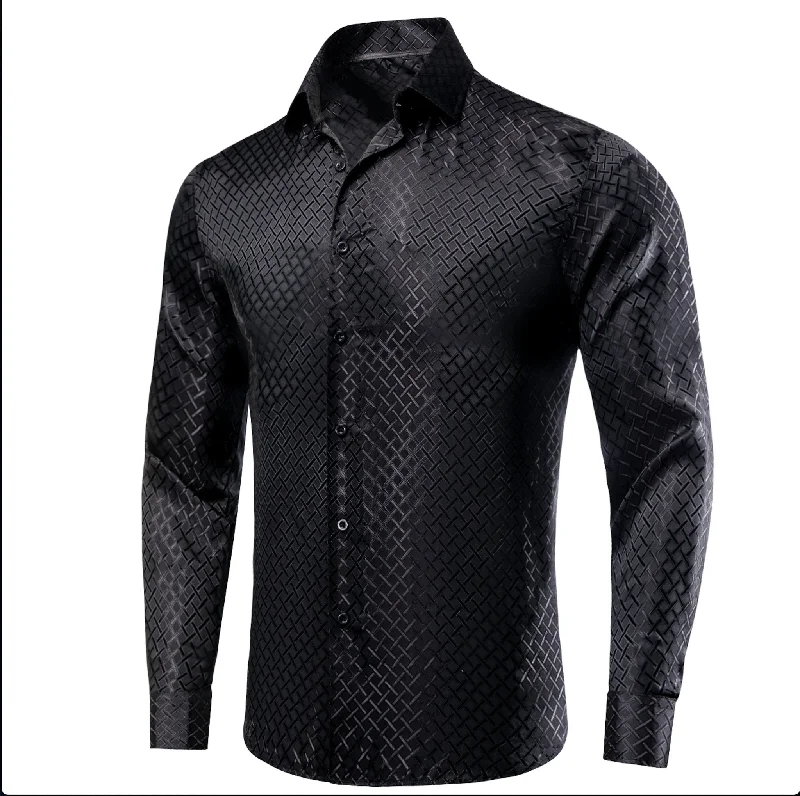 Black Plaid Silk Men's Long Sleeve Shirt- CY-1650