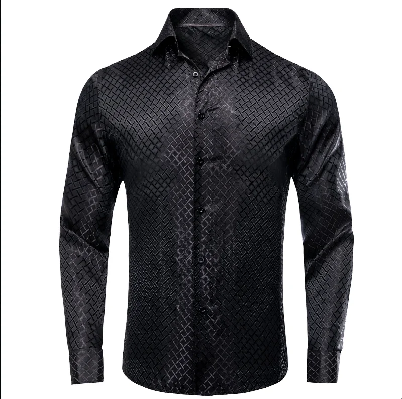 Black Plaid Silk Men's Long Sleeve Shirt- CY-1650