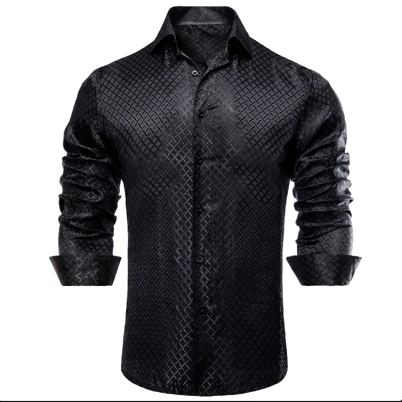 Black Plaid Silk Men's Long Sleeve Shirt- CY-1650