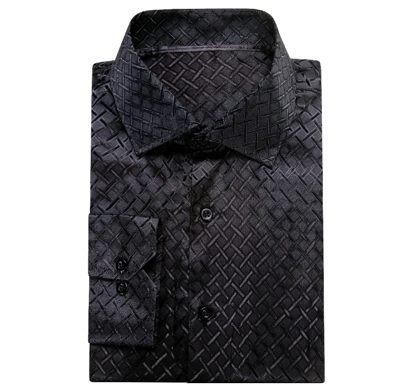 Black Plaid Silk Men's Long Sleeve Shirt- CY-1650