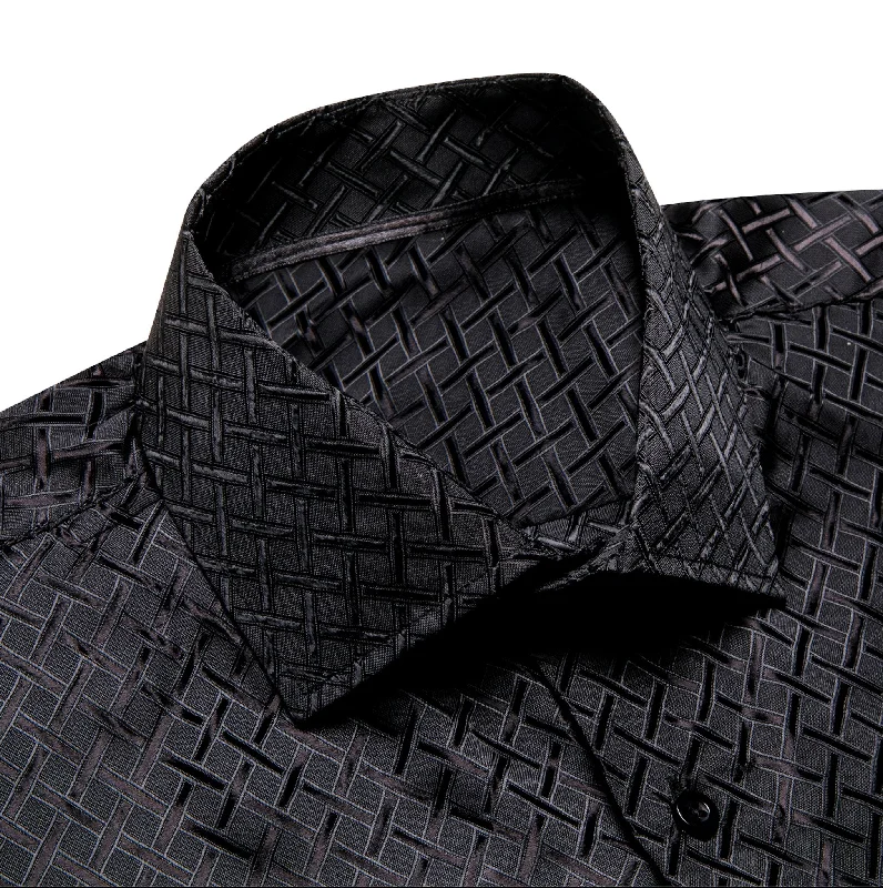 Black Plaid Silk Men's Long Sleeve Shirt- CY-1650