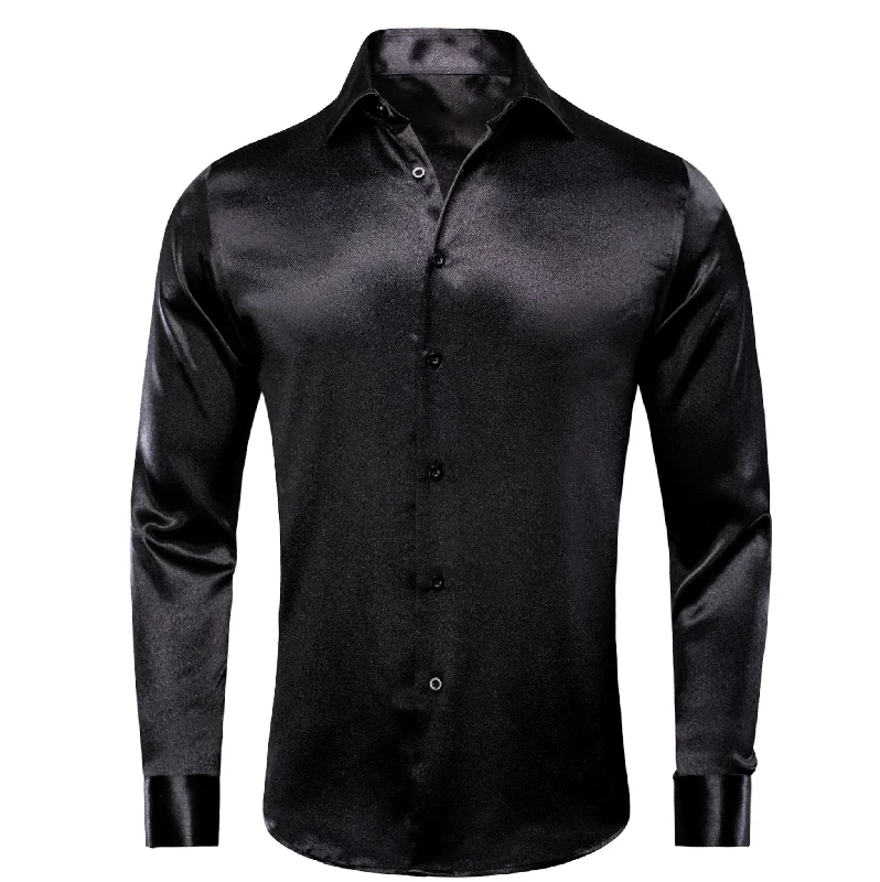 Black Solid Satin Men's Long Sleeve Dress Shirt- CY-1503