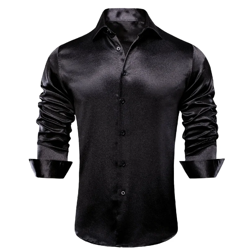 Black Solid Satin Men's Long Sleeve Dress Shirt- CY-1503