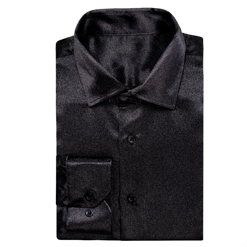 Black Solid Satin Men's Long Sleeve Dress Shirt- CY-1503