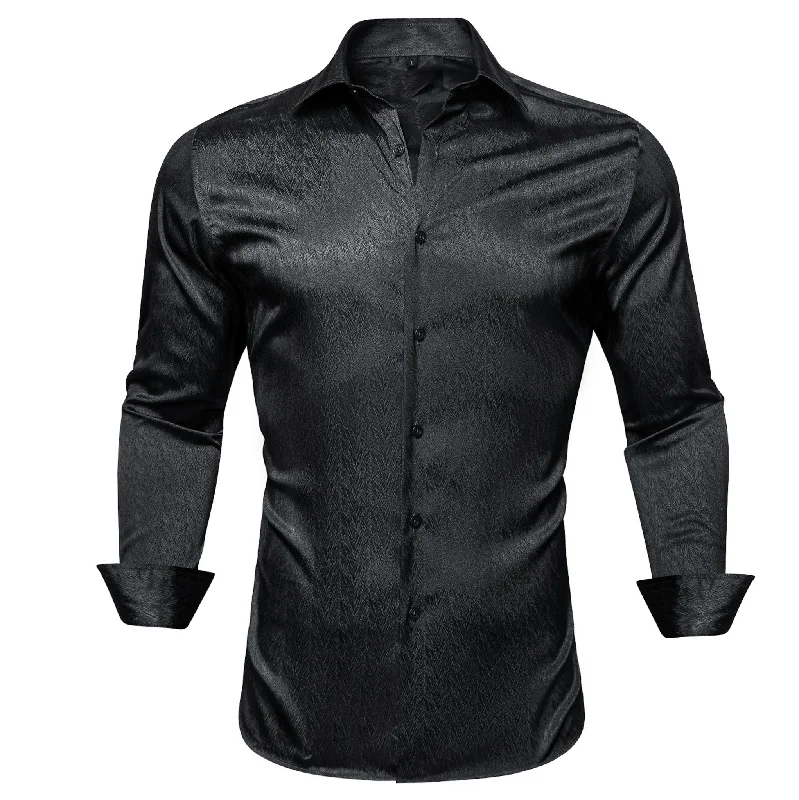 Black Solid Silk Men's Long Sleeve Dress Shirt- CY-0545