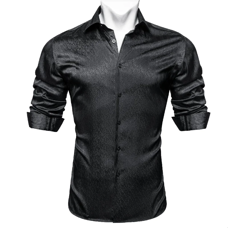 Black Solid Silk Men's Long Sleeve Dress Shirt- CY-0545