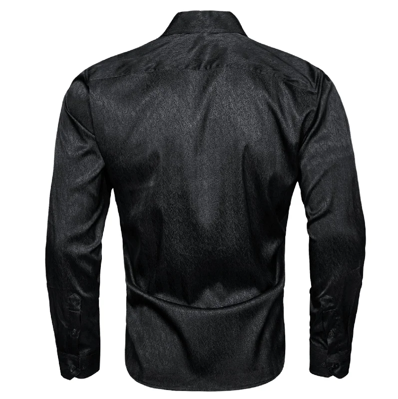 Black Solid Silk Men's Long Sleeve Dress Shirt- CY-0545