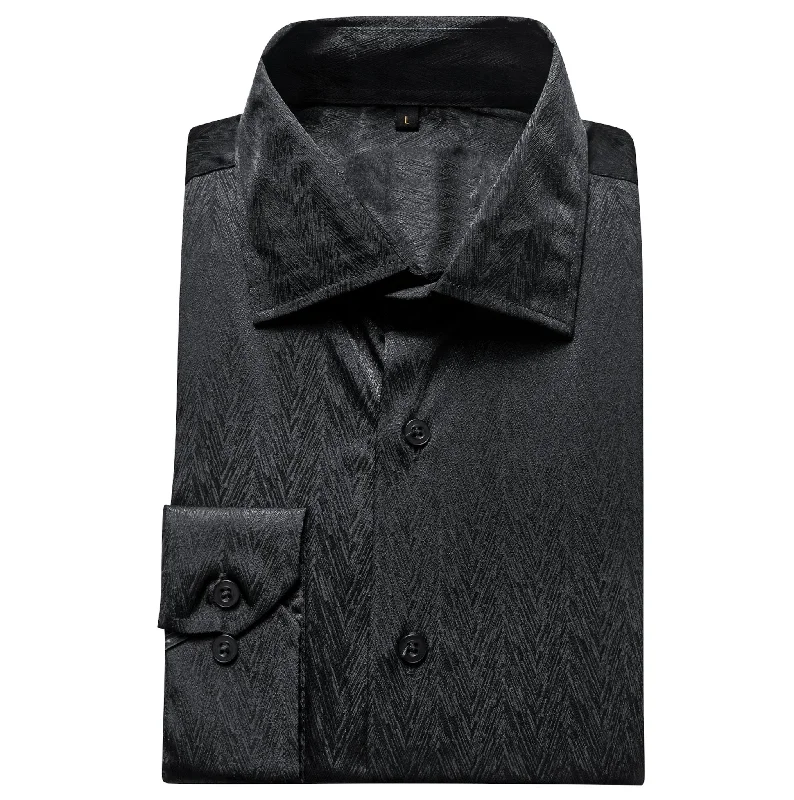 Black Solid Silk Men's Long Sleeve Dress Shirt- CY-0545