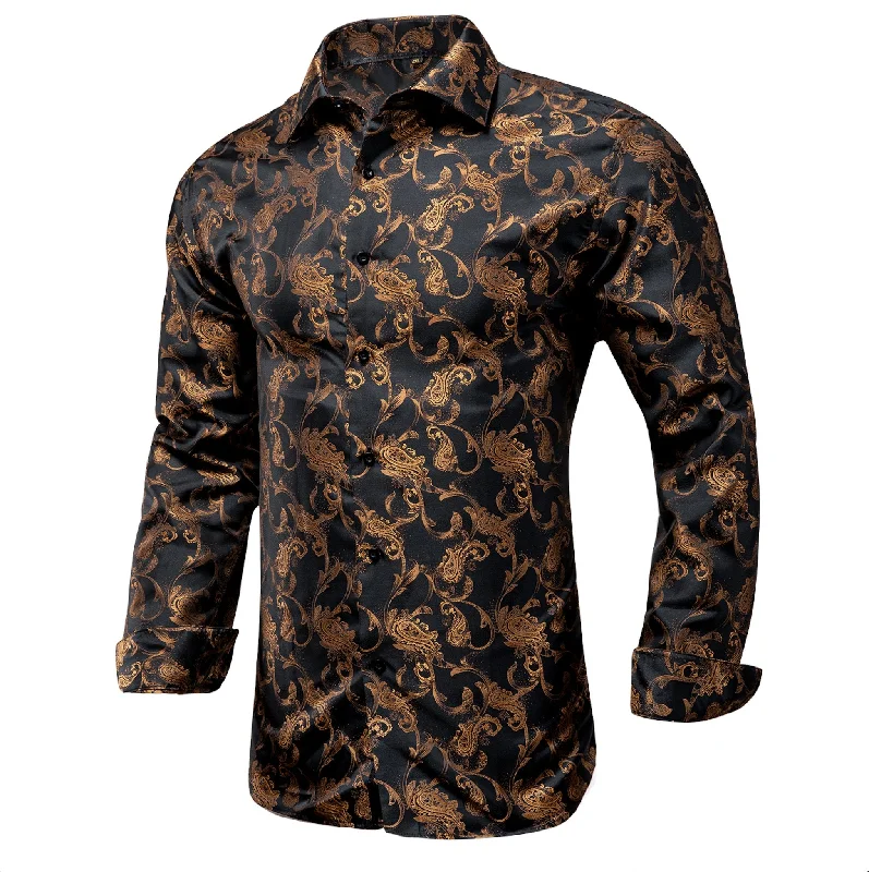 BROWN GOLDEN FLORAL POLYESTER MEN'S SHIRT-CY-1012