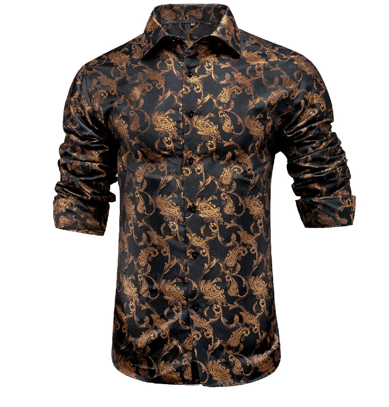 BROWN GOLDEN FLORAL POLYESTER MEN'S SHIRT-CY-1012