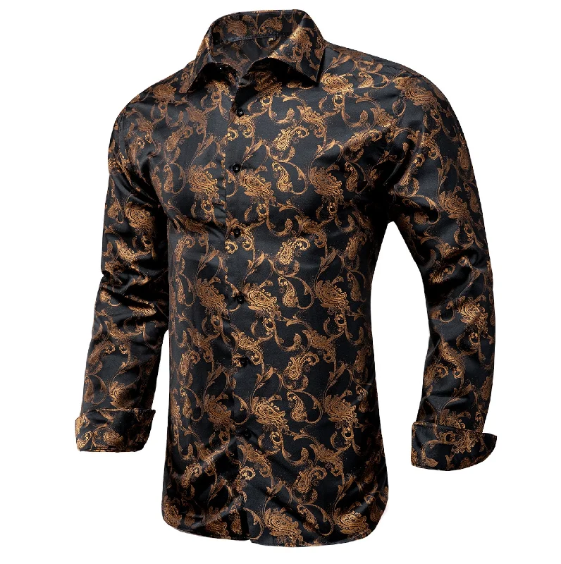 BROWN GOLDEN FLORAL POLYESTER MEN'S SHIRT-CY-1012