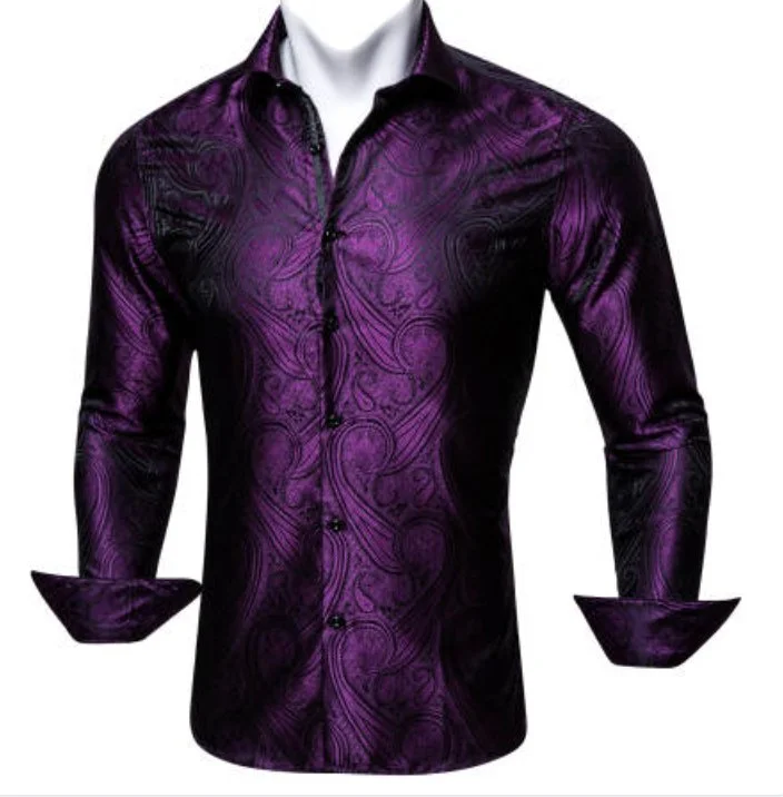 SimonVon New Purple Silk Paisley Tribal Long Sleeve Daily Slim-fit Men's Shirt CY-0037