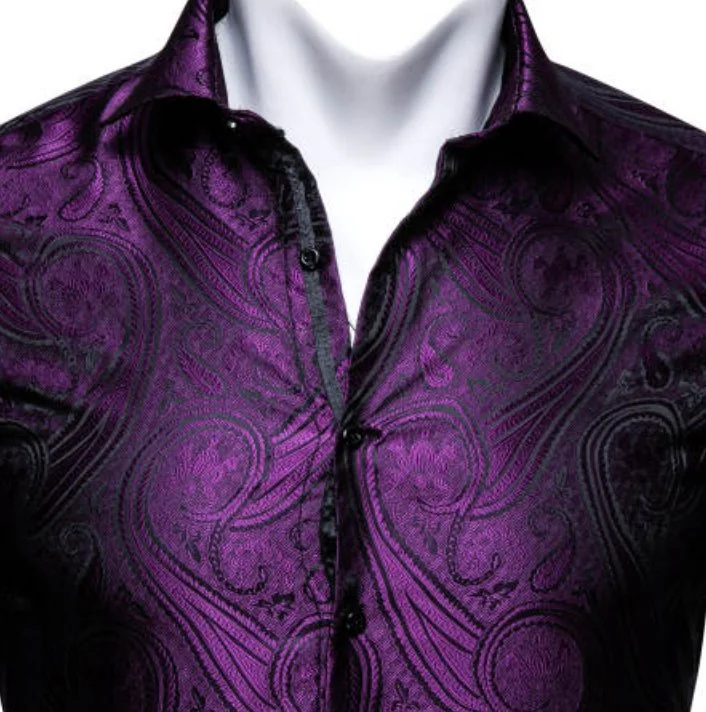 SimonVon New Purple Silk Paisley Tribal Long Sleeve Daily Slim-fit Men's Shirt CY-0037