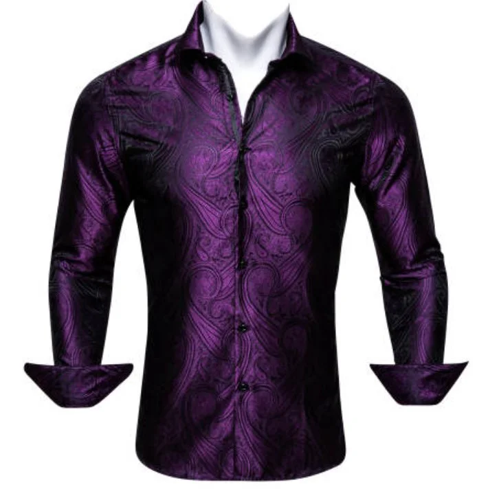 SimonVon New Purple Silk Paisley Tribal Long Sleeve Daily Slim-fit Men's Shirt CY-0037