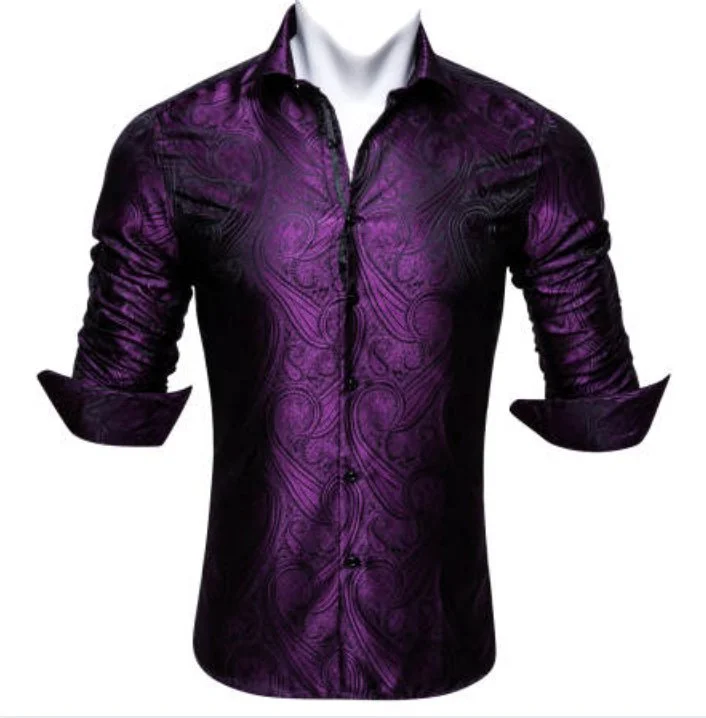 SimonVon New Purple Silk Paisley Tribal Long Sleeve Daily Slim-fit Men's Shirt CY-0037