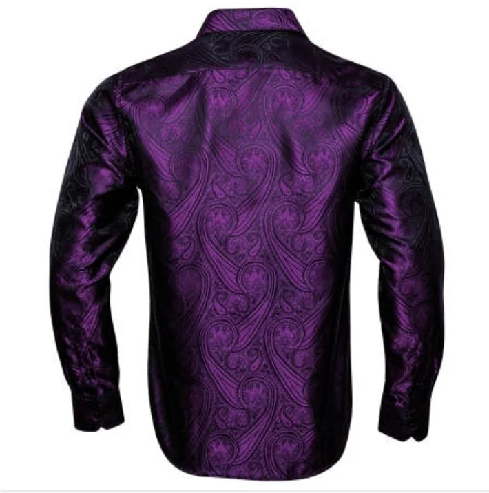 SimonVon New Purple Silk Paisley Tribal Long Sleeve Daily Slim-fit Men's Shirt CY-0037