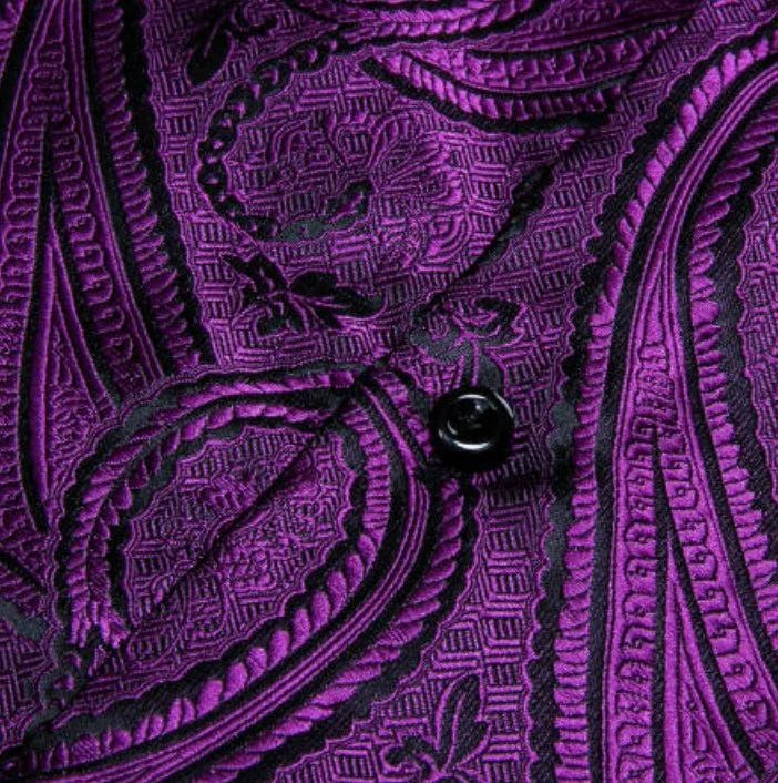 SimonVon New Purple Silk Paisley Tribal Long Sleeve Daily Slim-fit Men's Shirt CY-0037