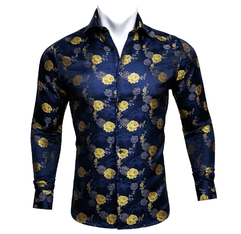 Gold Blue  Floral Silk   Mens Shirts. CY-0052