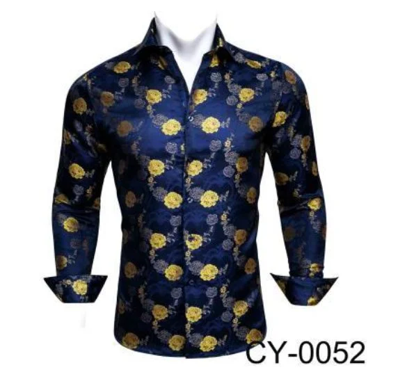 Gold Blue  Floral Silk   Mens Shirts. CY-0052