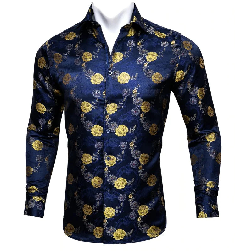 Gold Blue  Floral Silk   Mens Shirts. CY-0052