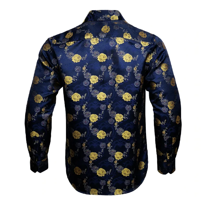 Gold Blue  Floral Silk   Mens Shirts. CY-0052