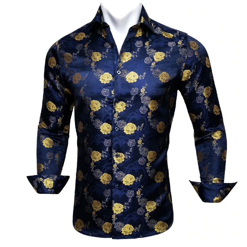 Gold Blue  Floral Silk   Mens Shirts. CY-0052