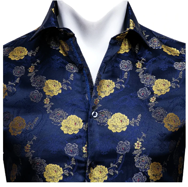 Gold Blue  Floral Silk   Mens Shirts. CY-0052