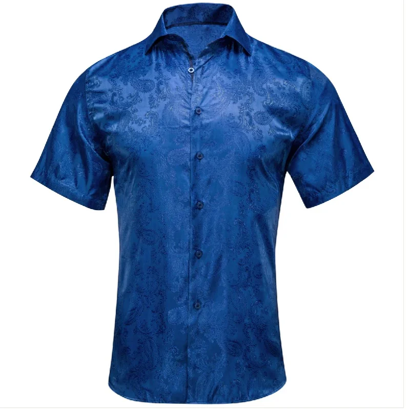 Royal Blue Paisley Silk Men's Short Sleeve Shirt-CY-1462