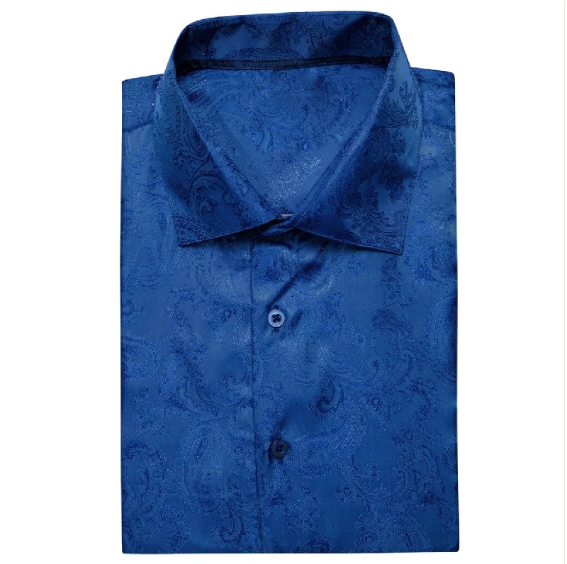 Royal Blue Paisley Silk Men's Short Sleeve Shirt-CY-1462