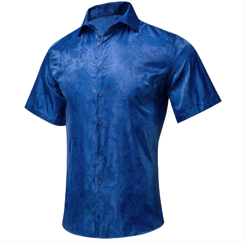 Royal Blue Paisley Silk Men's Short Sleeve Shirt-CY-1462