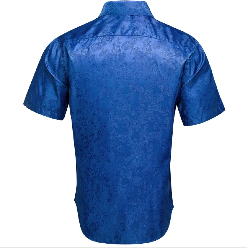 Royal Blue Paisley Silk Men's Short Sleeve Shirt-CY-1462