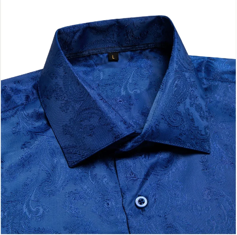 Royal Blue Paisley Silk Men's Short Sleeve Shirt-CY-1462