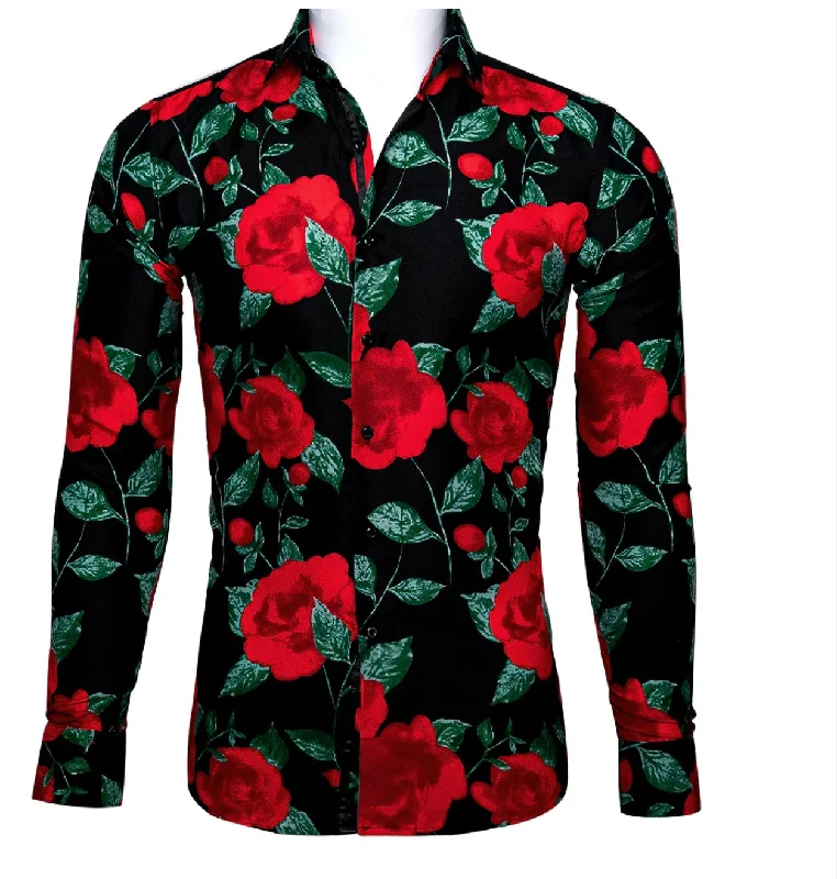 Novelty Black Red  Green Floral Shirt.CY-0111