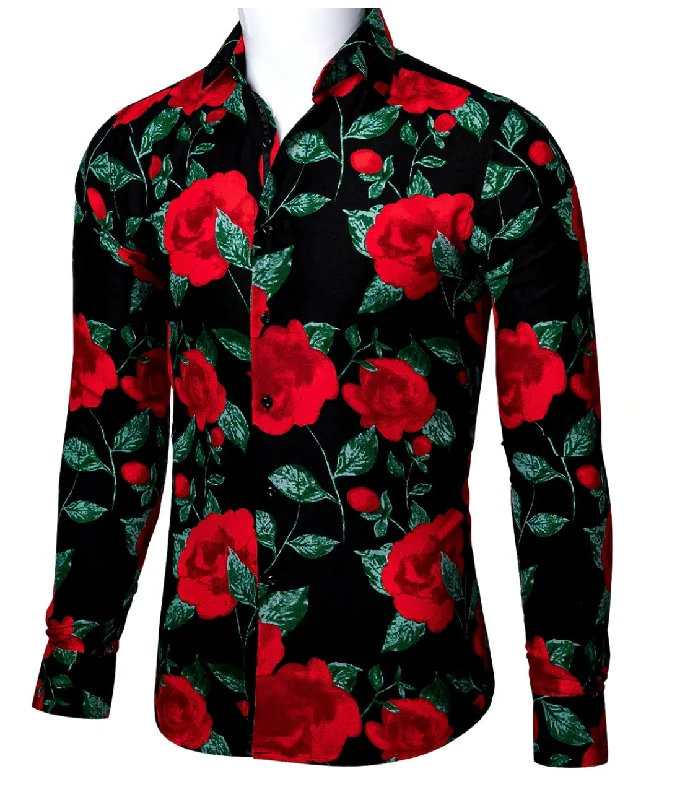 Novelty Black Red  Green Floral Shirt.CY-0111