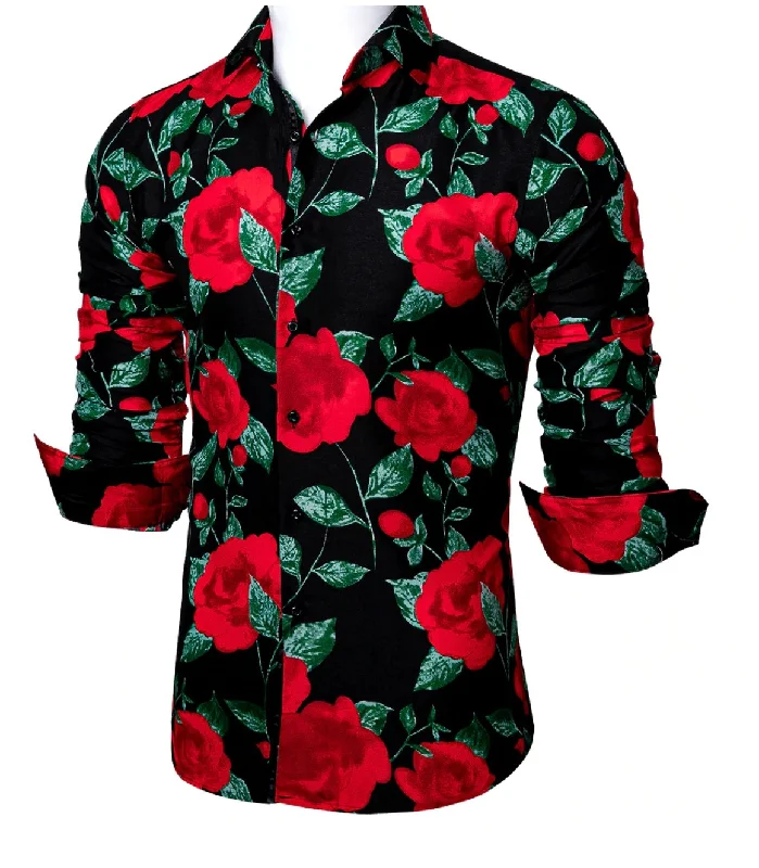 Novelty Black Red  Green Floral Shirt.CY-0111