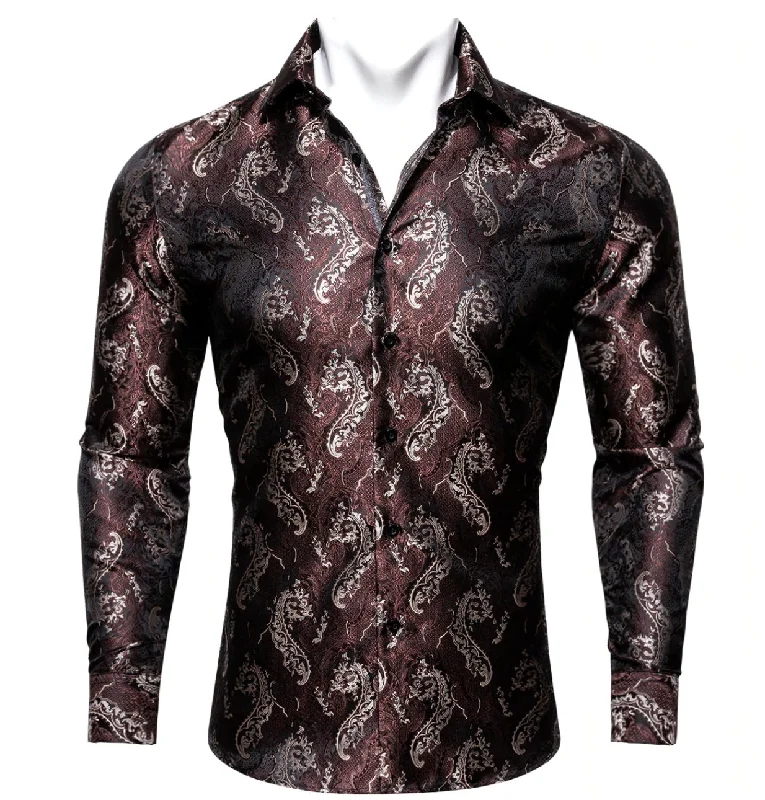 Red Brown Silk Paisley Long Sleeve Men's Shirt. CY-2009