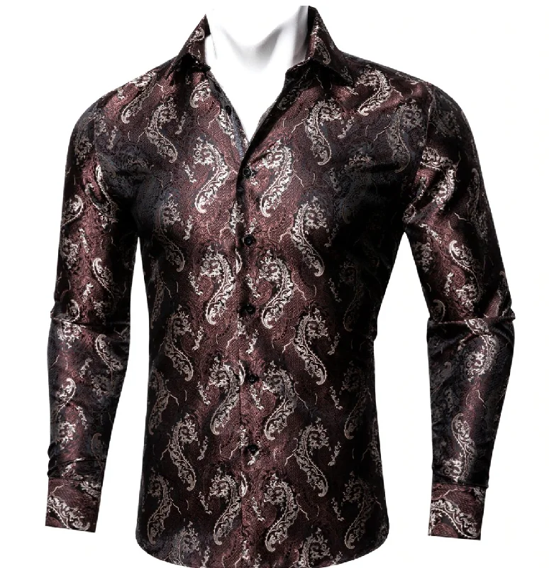 Red Brown Silk Paisley Long Sleeve Men's Shirt. CY-2009