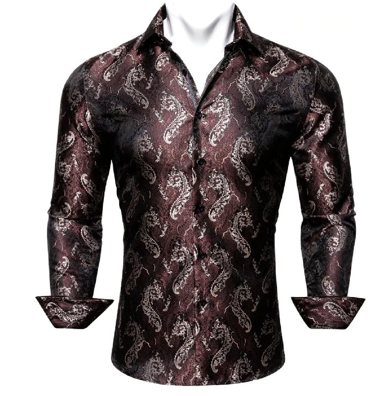 Red Brown Silk Paisley Long Sleeve Men's Shirt. CY-2009