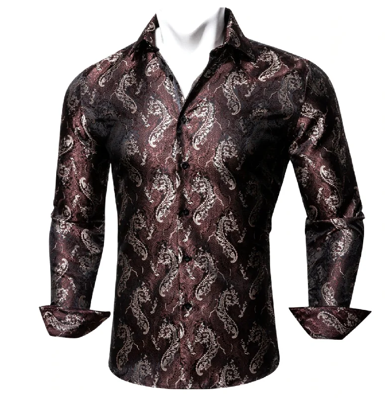 Red Brown Silk Paisley Long Sleeve Men's Shirt. CY-2009