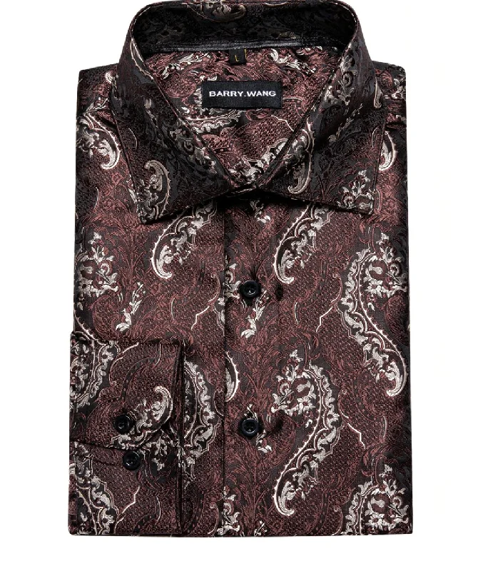 Red Brown Silk Paisley Long Sleeve Men's Shirt. CY-2009