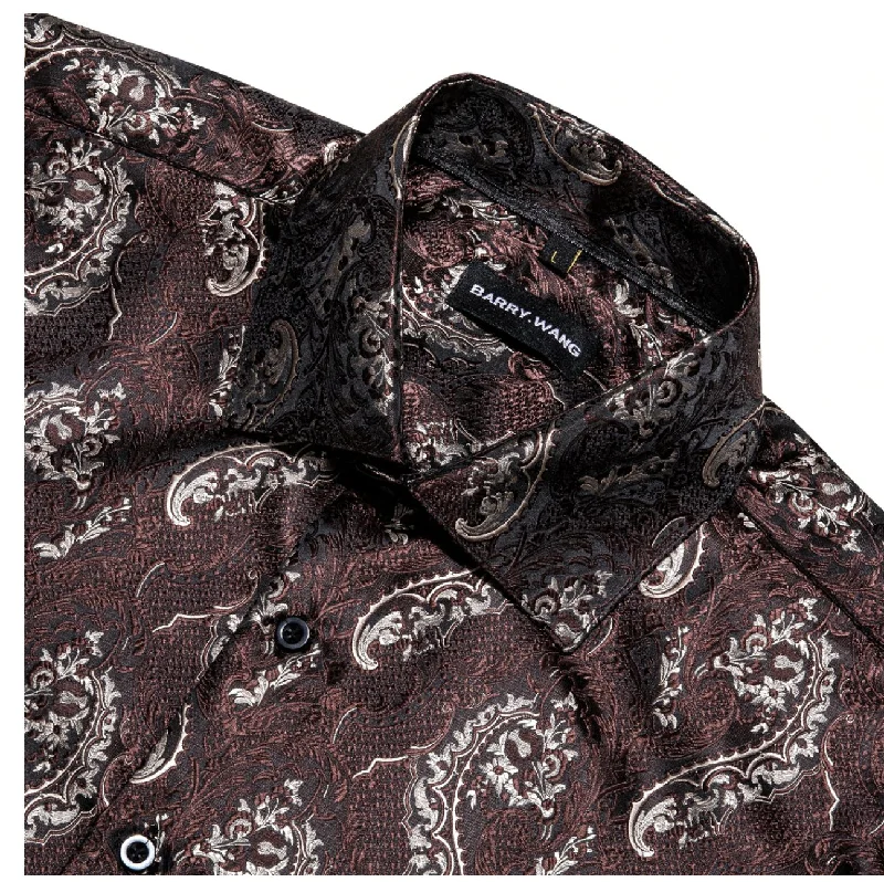 Red Brown Silk Paisley Long Sleeve Men's Shirt. CY-2009